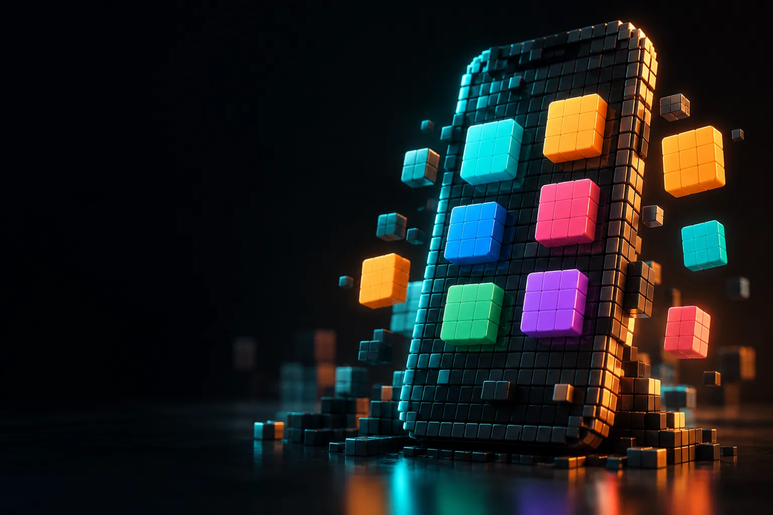 Ilustración de apps android hecha con píxeles en 3D
