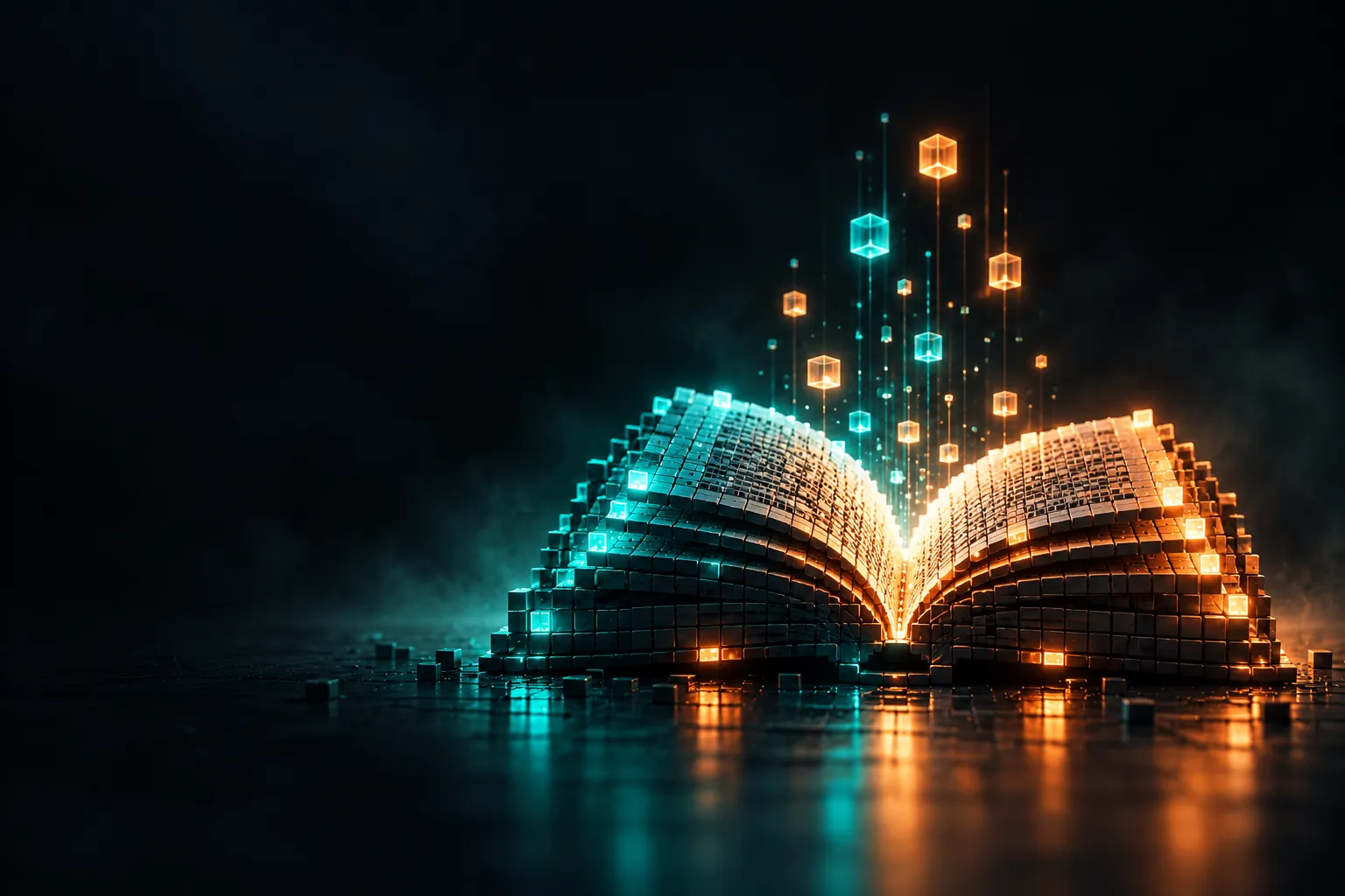 Libro hecho de cubos de píxeles con ideas que salen de sus páginas
